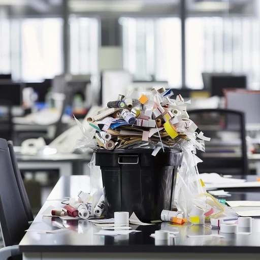 Office desk with an overflowing bin of paper and office clutter