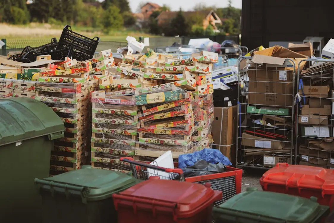 Stacked wooden pallets and retail-related waste