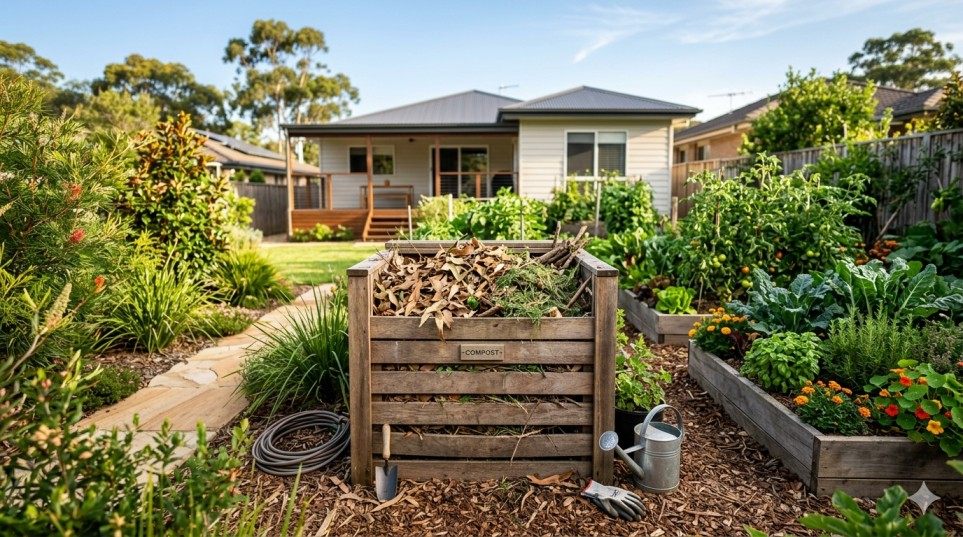 Wooden compost bin and garden waste in a backyard