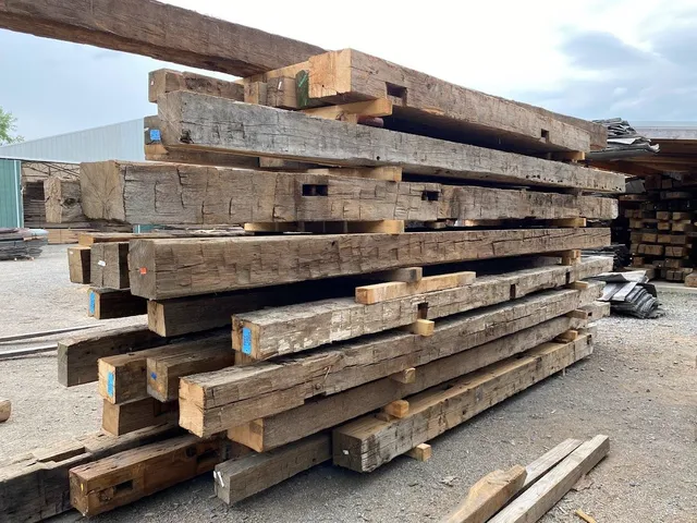 Stack of old wooden timber beams