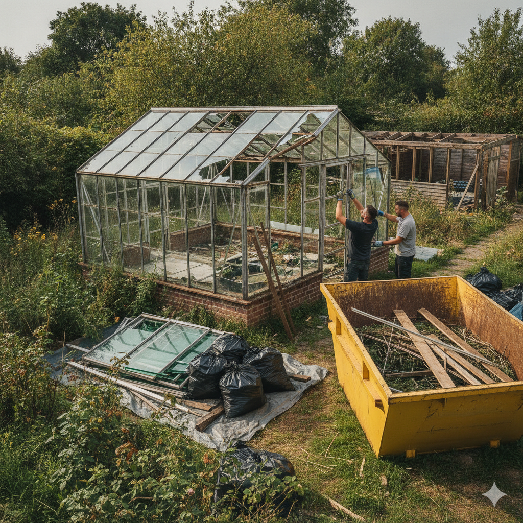 Old greenhouse beside a yellow skip bin in a garden