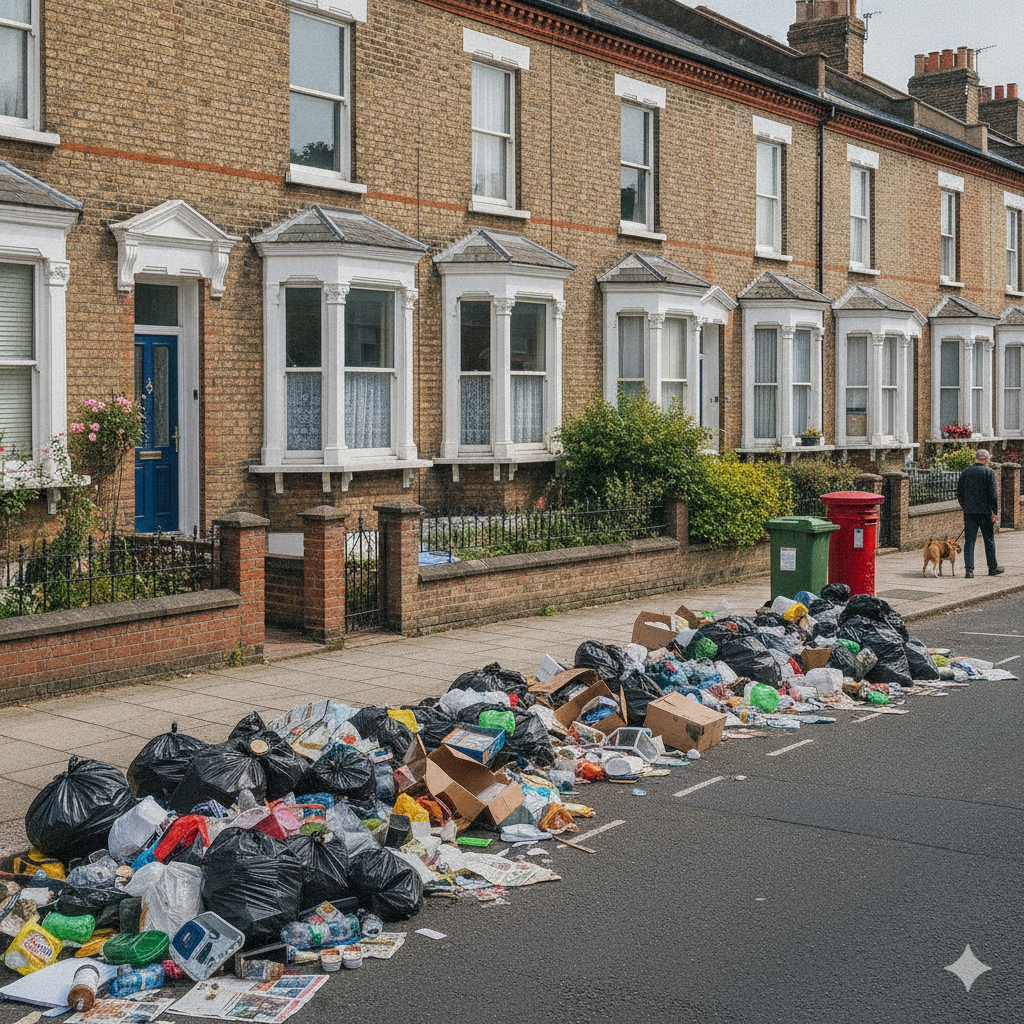 Black and white waste bags piled on a residential sidewalk