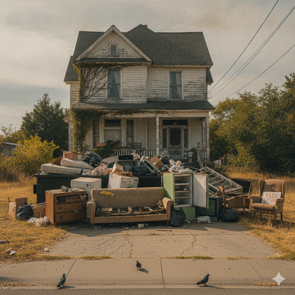 Old furniture and a refrigerator piled outside a house