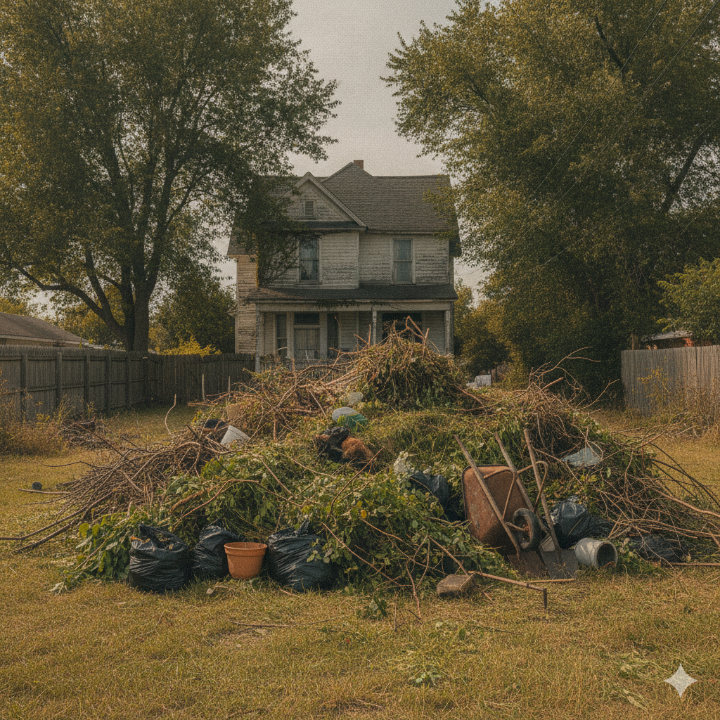 Large pile of branches and garden debris in a yard