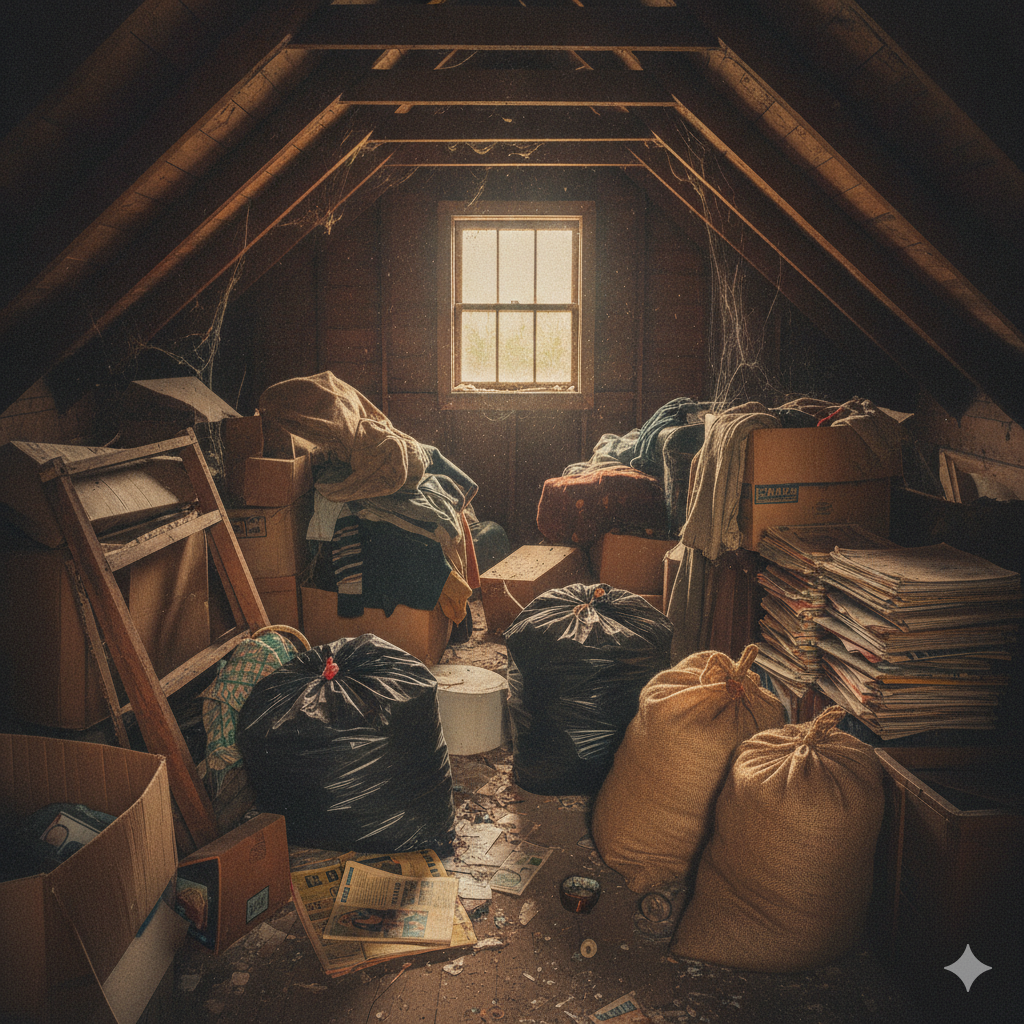 Cluttered attic filled with boxes and stored household items