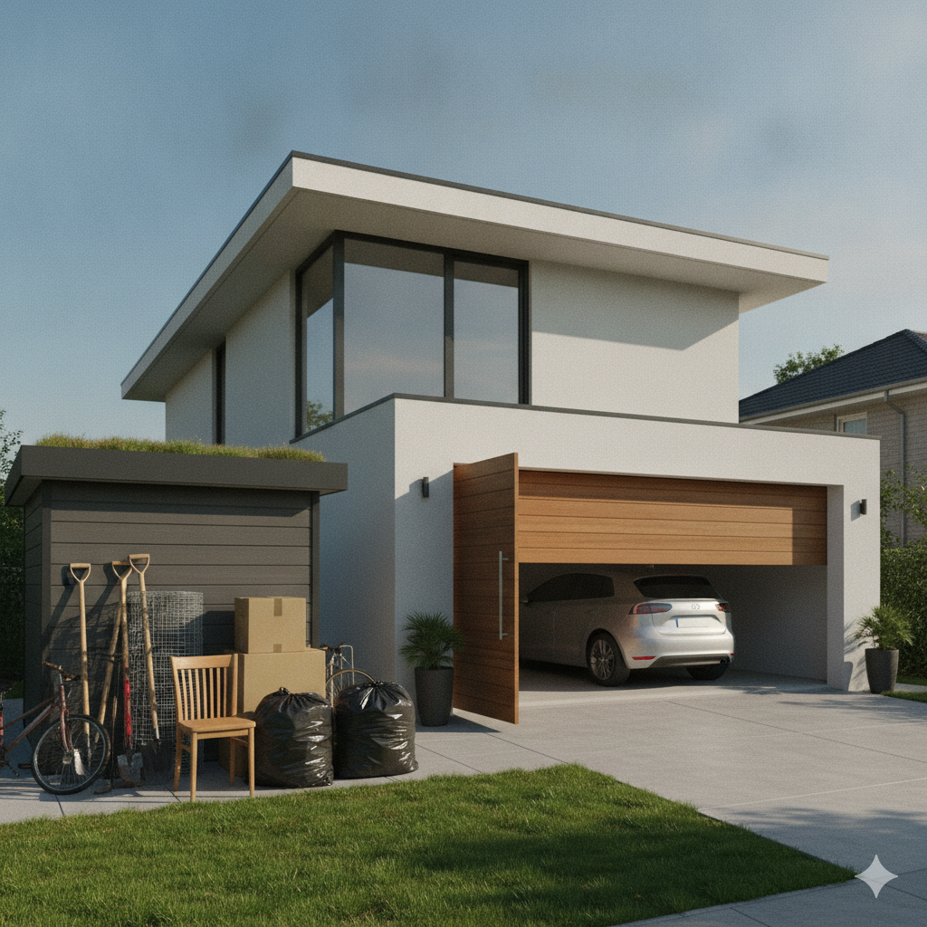 Garage with tools and boxes cleared onto the lawn