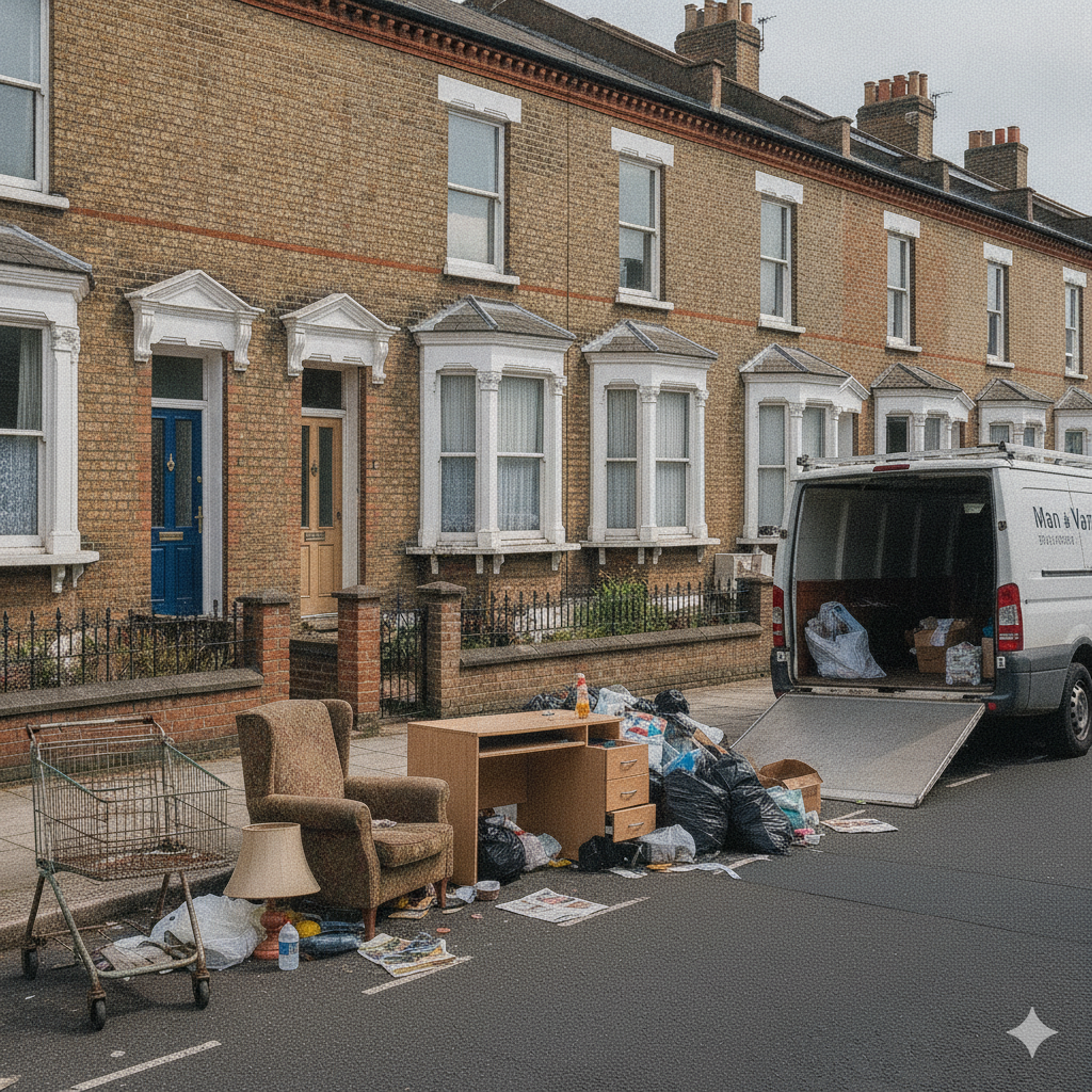 Furniture and rubbish left on a sidewalk outside residential buildings