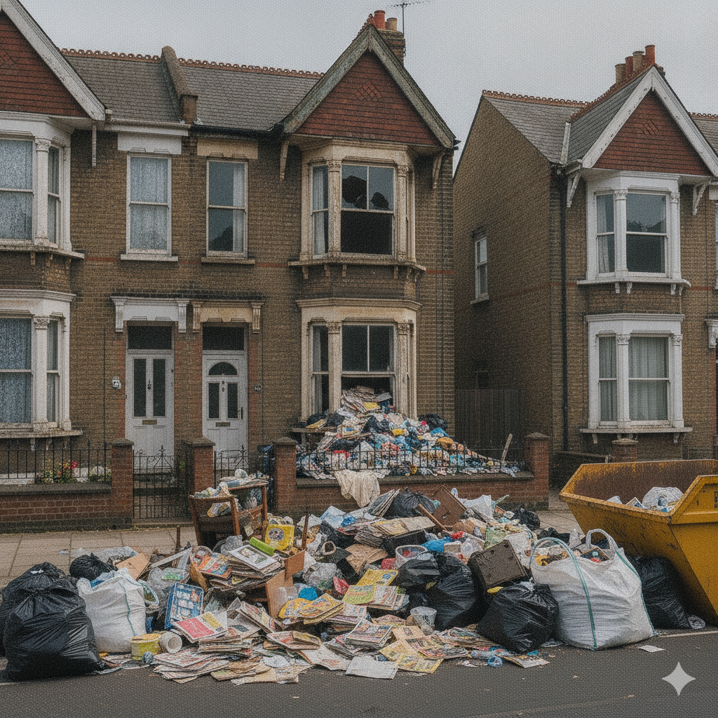 Bulky cardboard boxes and waste piled on a sidewalk