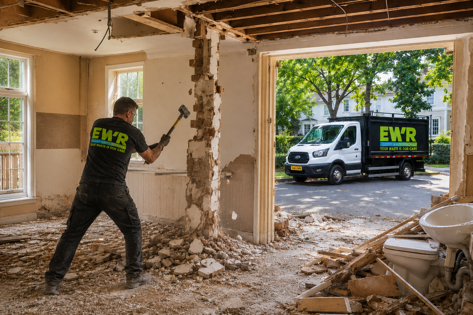 EWR worker using a sledgehammer during light demolition inside a building under renovation