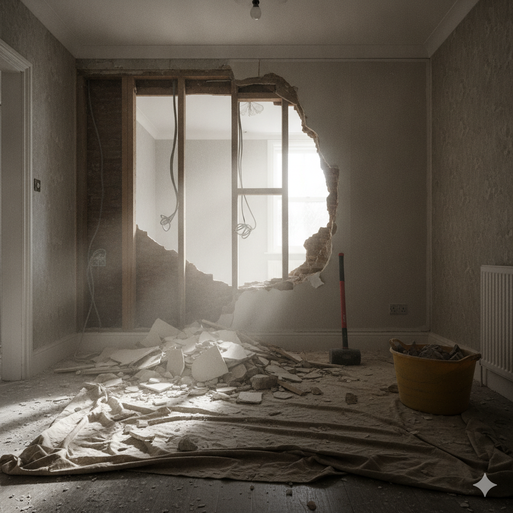 Internal wall being removed during light demolition