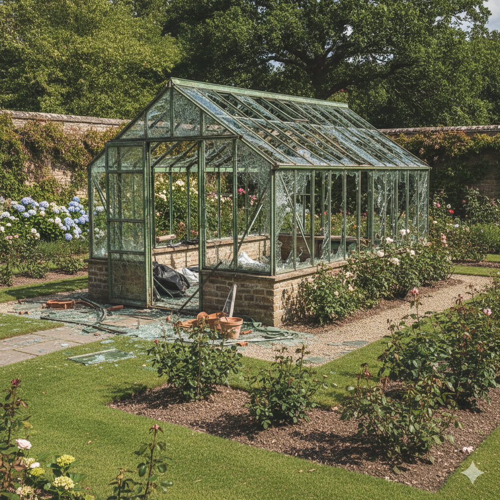 Greenhouse and garden structure being dismantled