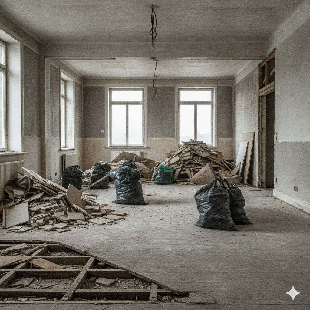 Flooring and interior materials removed during refurbishment