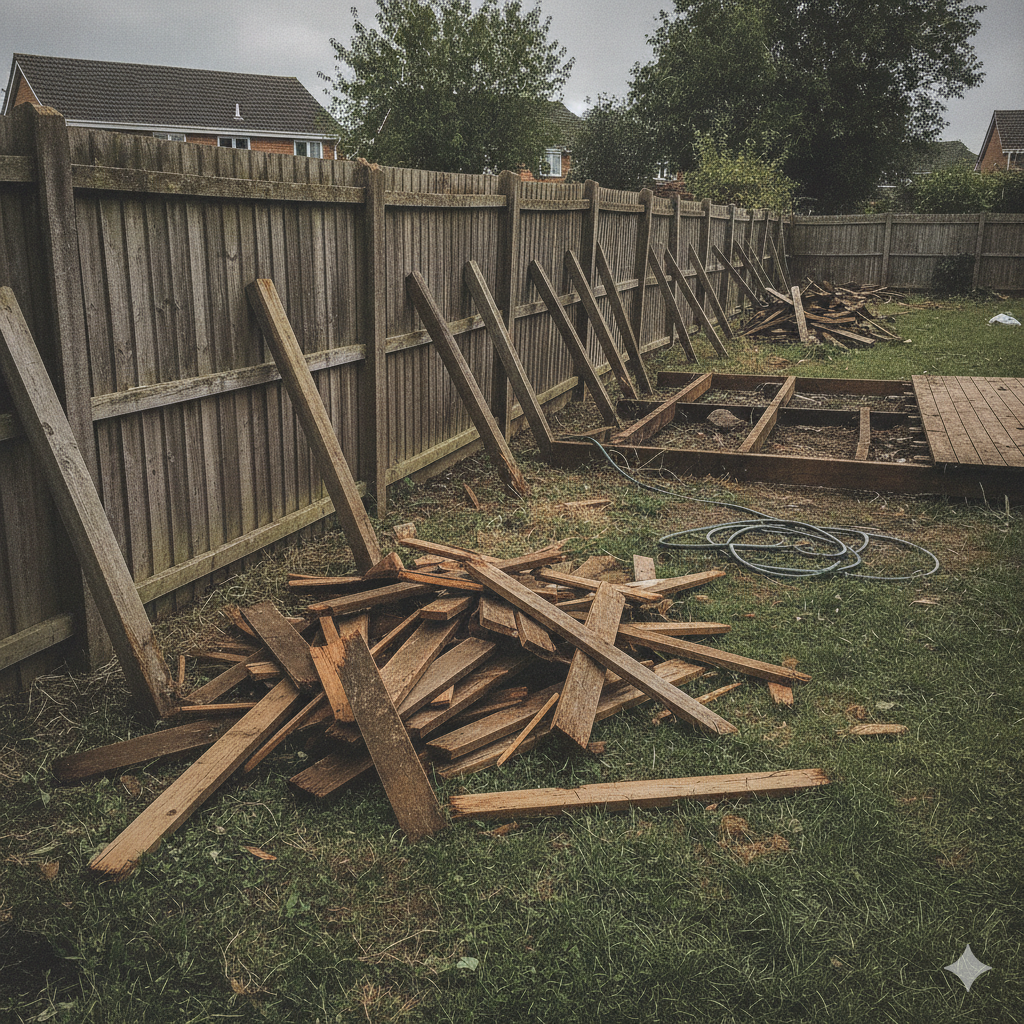 Old decking and fence panels being removed from a garden