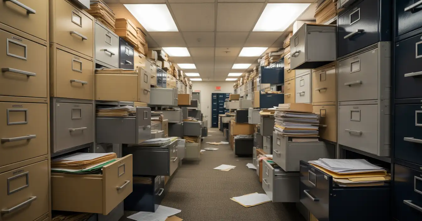 Aisle between tall office filing cabinets
