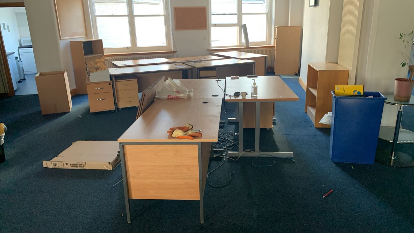 Wooden office desks in a meeting room