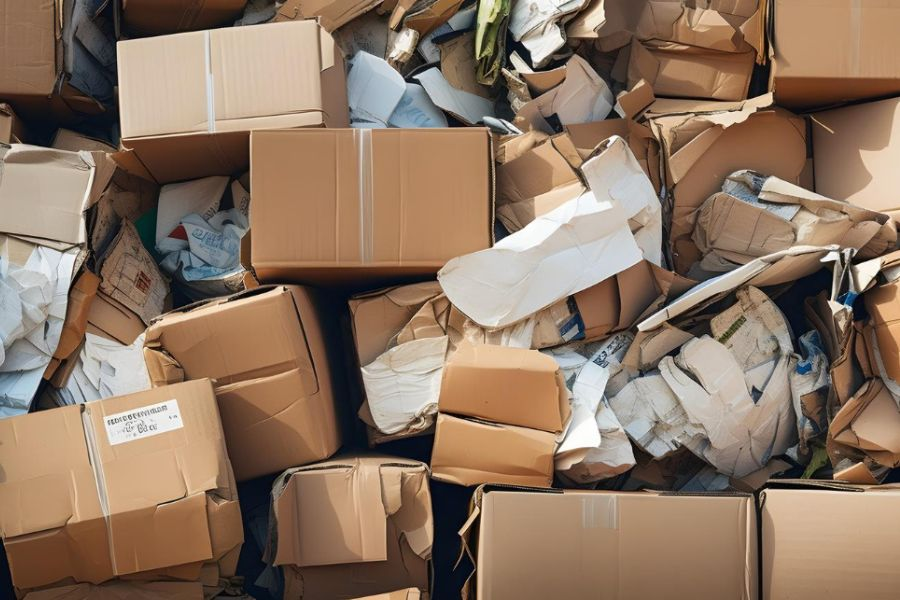 Flattened cardboard boxes and packaging waste