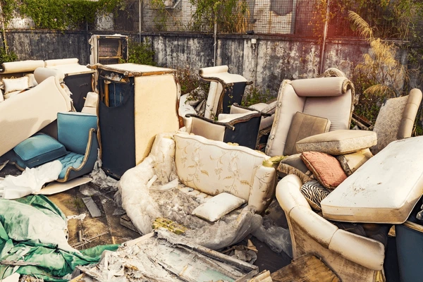 Discarded sofas and chairs awaiting general waste and junk removal
